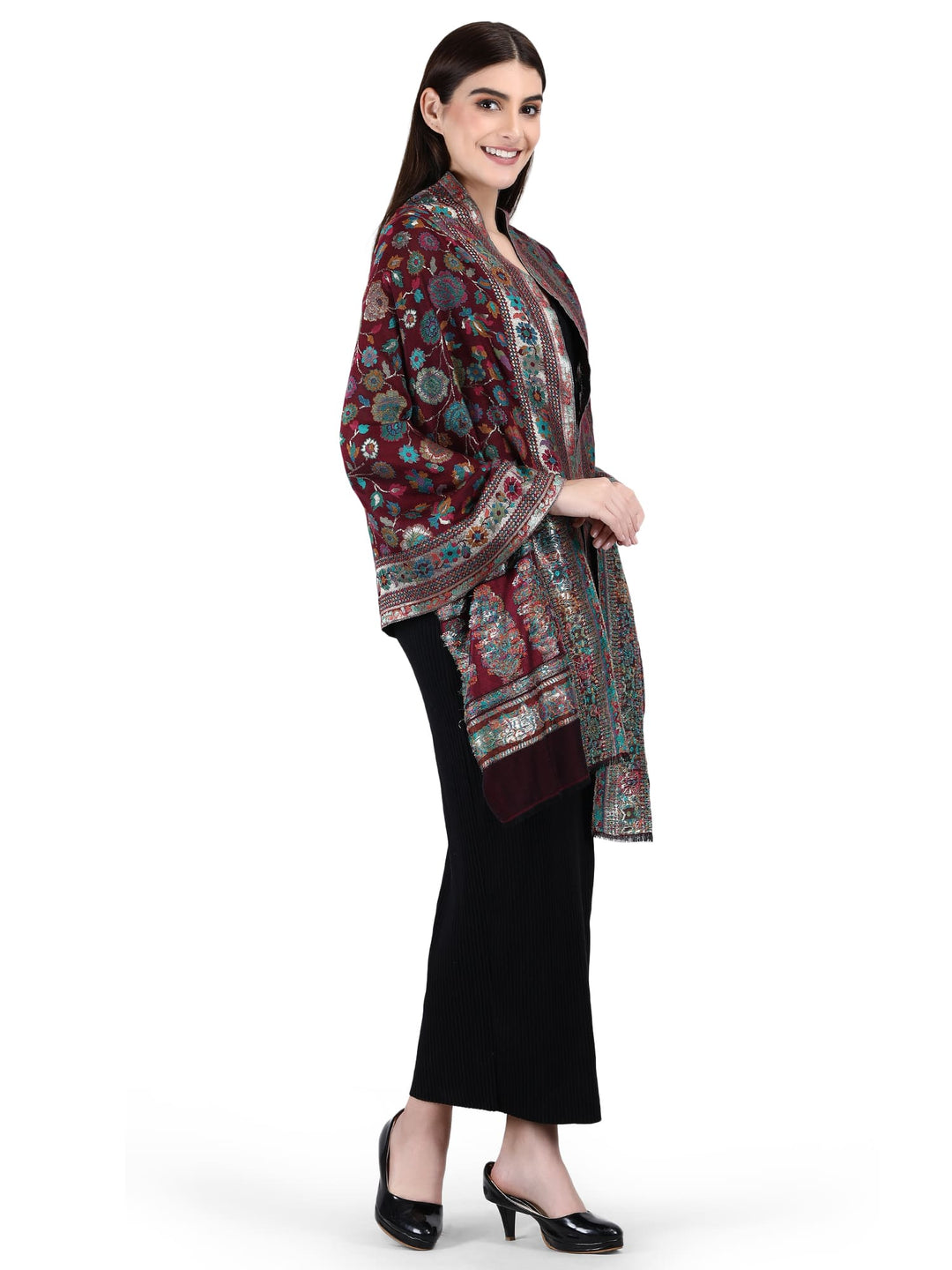 Maroon Kani Zari Acrylic Wool Stole - 186