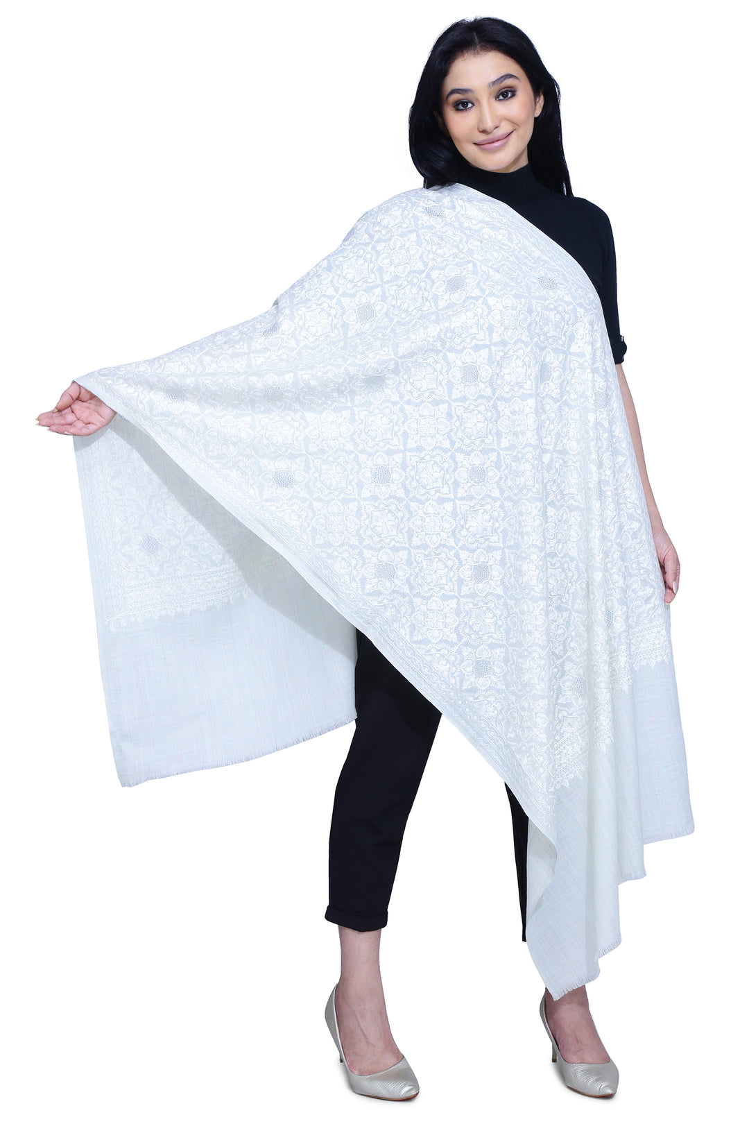 Beige Aari 100% Fine Wool Stole -187