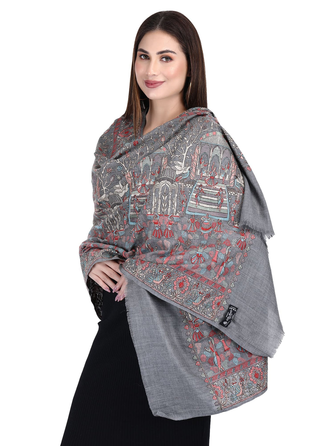 Grey Mughal Grandeur 100% Fine Wool Stole- 194