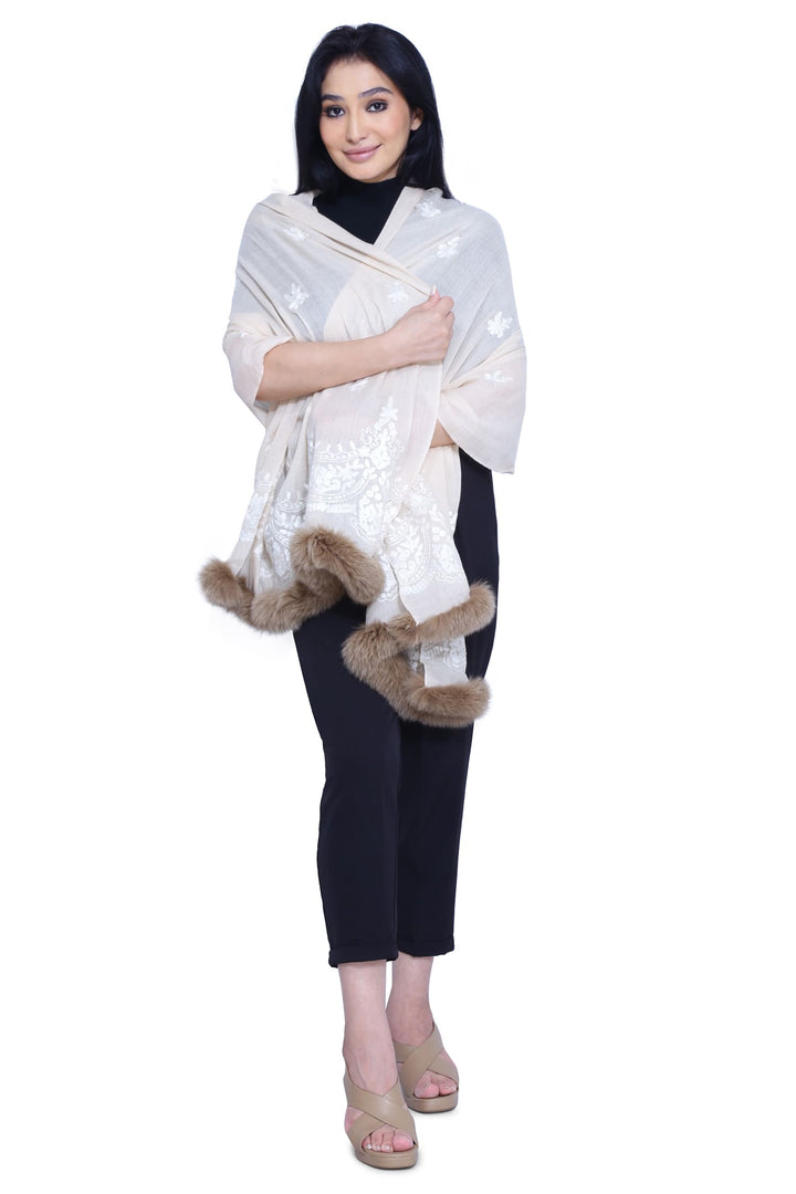 Beige Fur 100% Fine Wool Stole- 202