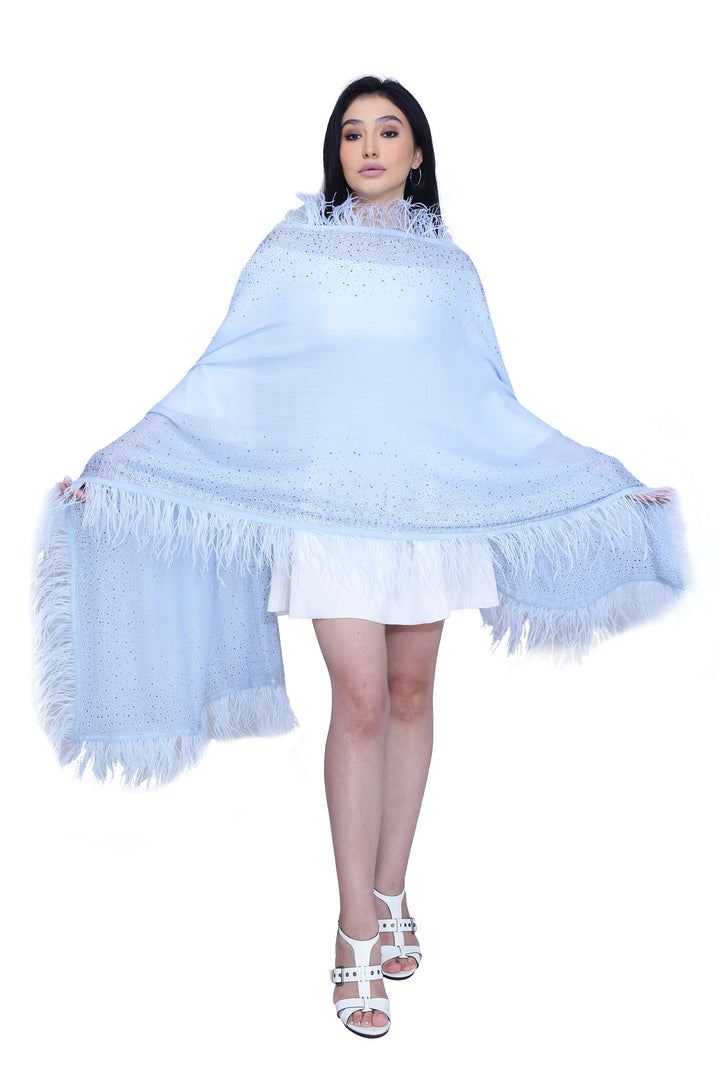 Powder Blue Feather & Crystals 100% Fine Wool Stole- 203