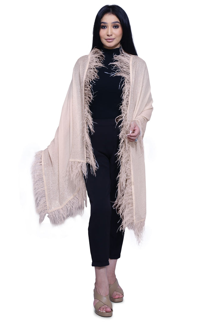 Beige Feather & Crystals 100% Fine Wool Stole- 204