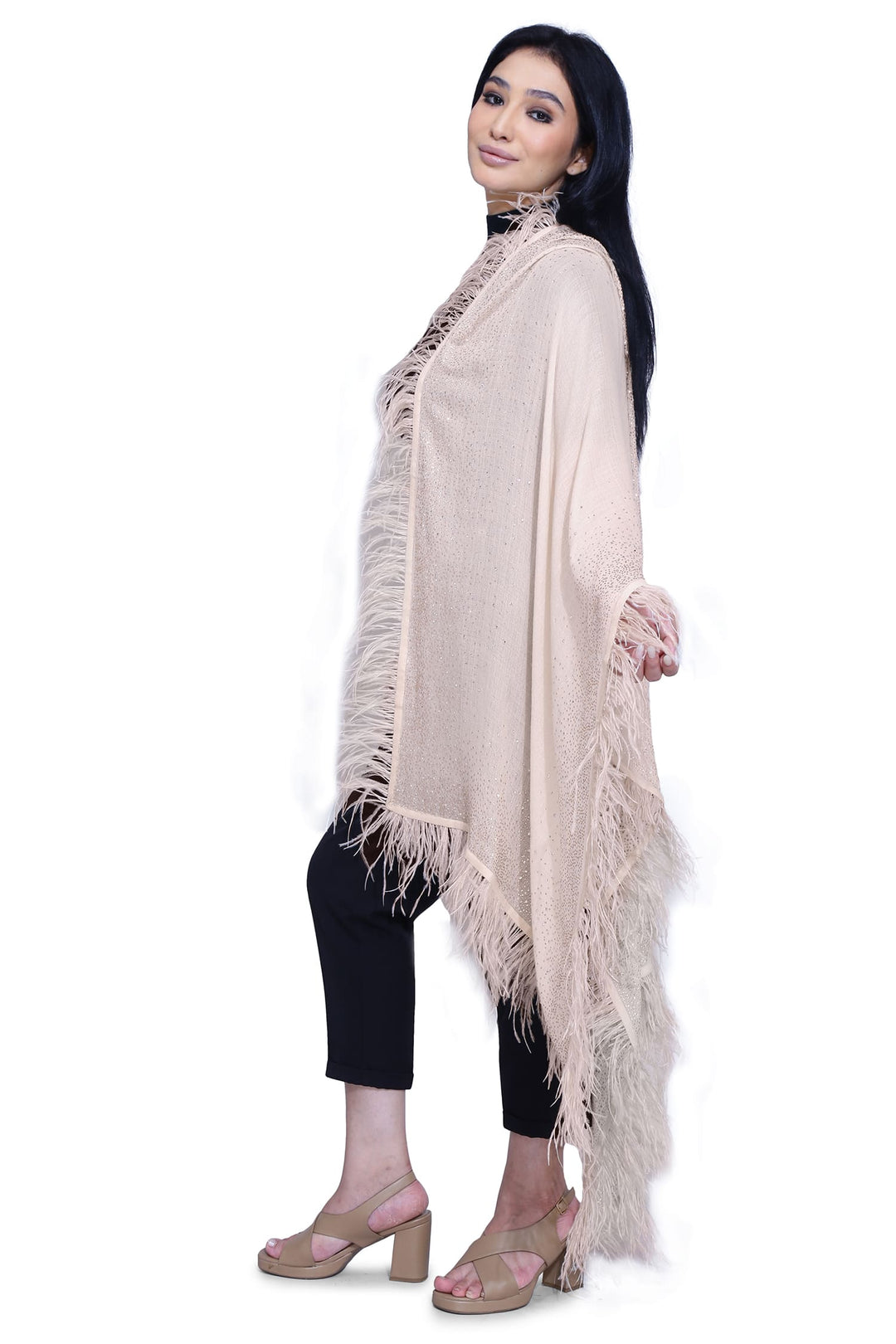 Beige Feather & Crystals 100% Fine Wool Stole- 204