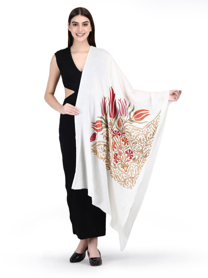 White Kashmiri Weave Fine Wool Stole- 205