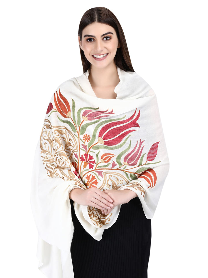 White Kashmiri Weave Fine Wool Stole- 205