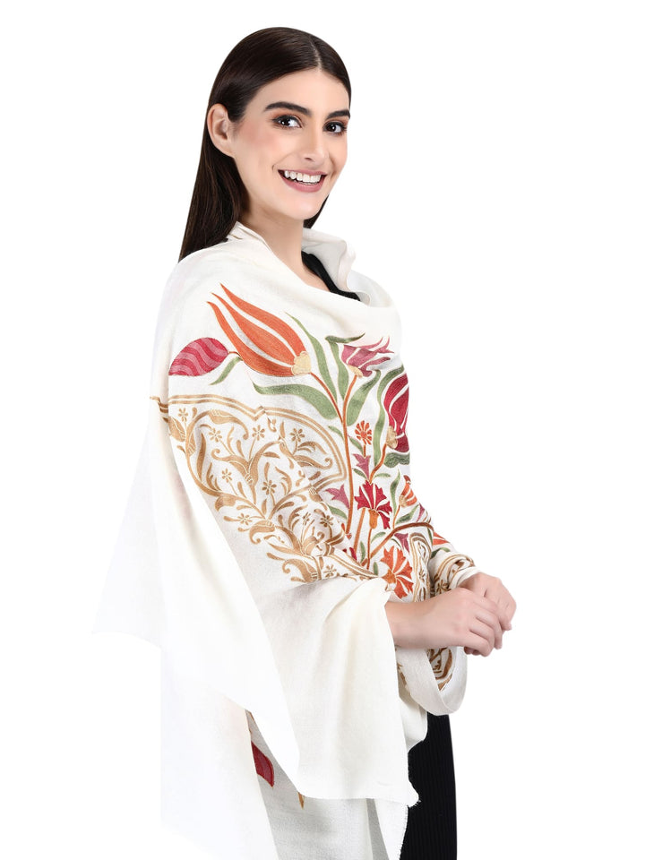 White Kashmiri Weave Fine Wool Stole- 205