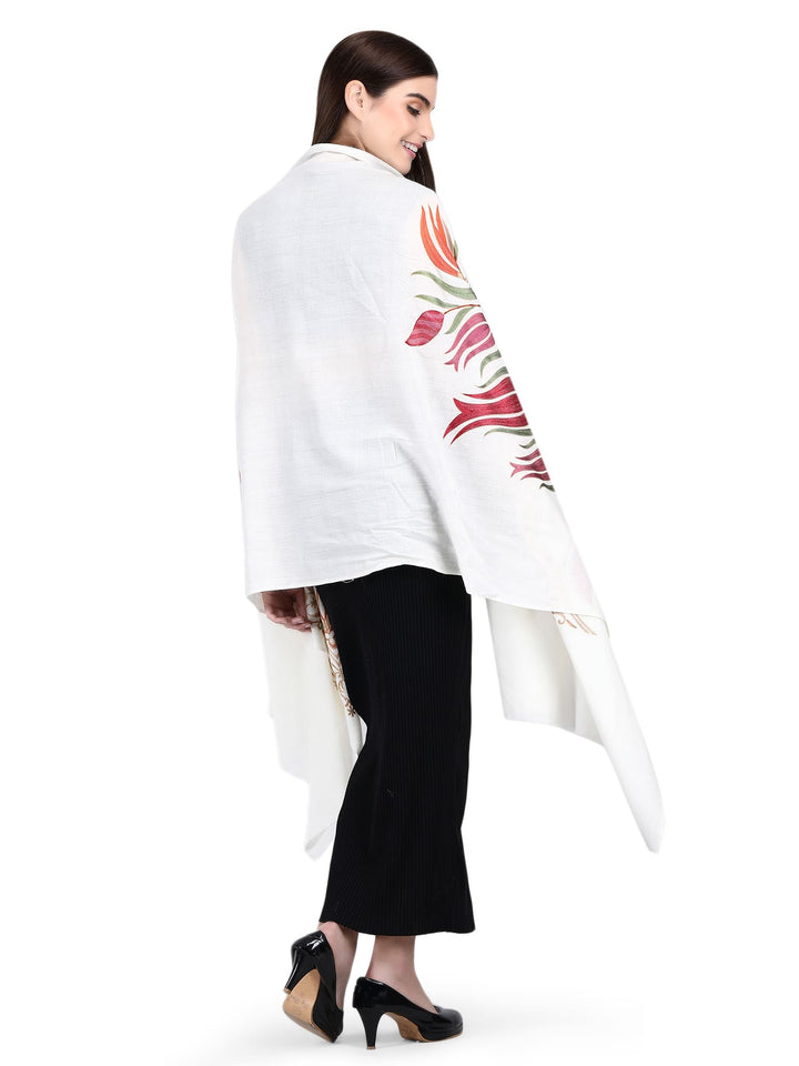 White Kashmiri Weave Fine Wool Stole- 205