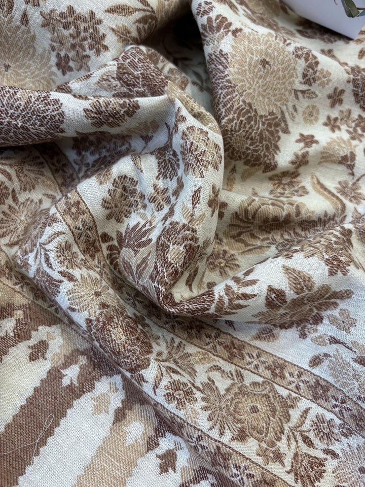 WHITE FLORAL ZARI 100% FINE WOOL STOLE- 215