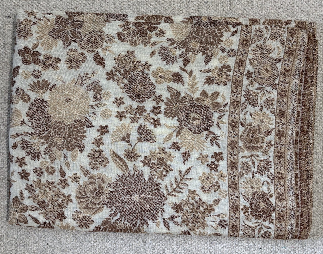 WHITE FLORAL ZARI 100% FINE WOOL STOLE- 215