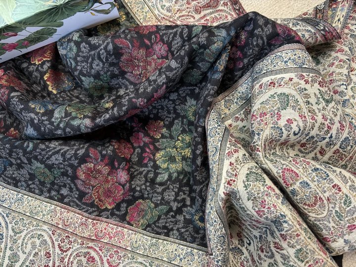 BLACK FLORAL ZARI 100% FINE WOOL STOLE - 216