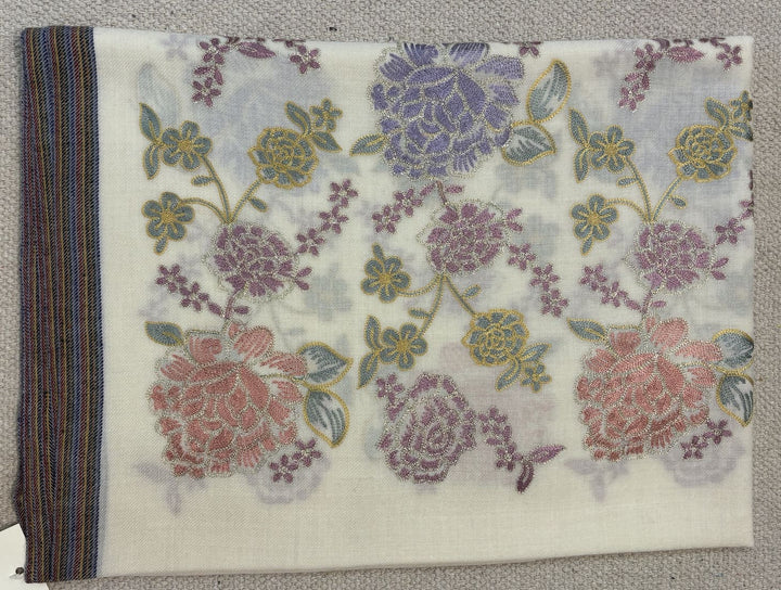 WHITE FLORAL ZARI BORDER 100% FINE WOOL STOLE - 217