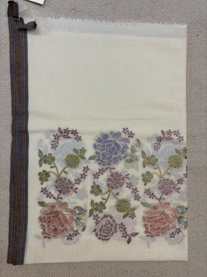 WHITE FLORAL ZARI BORDER 100% FINE WOOL STOLE - 217