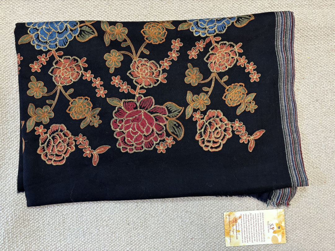 BLACK FLORAL ZARI BORDER 100% FINE WOOL STOLE - 218