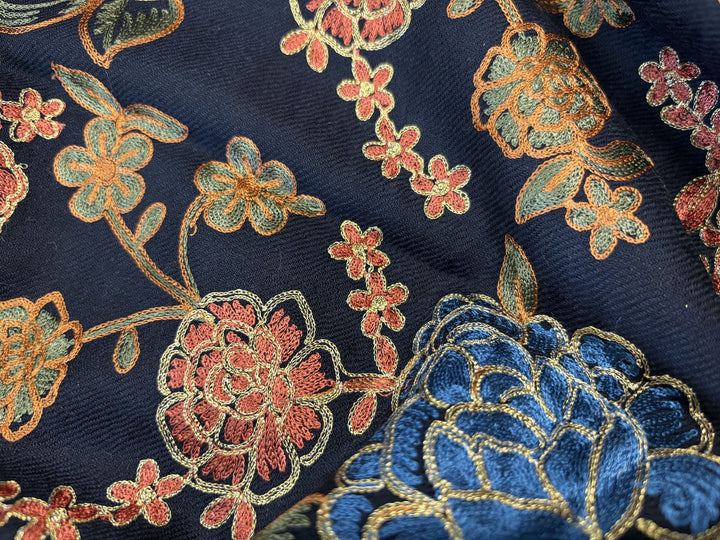 BLACK FLORAL ZARI BORDER 100% FINE WOOL STOLE - 218