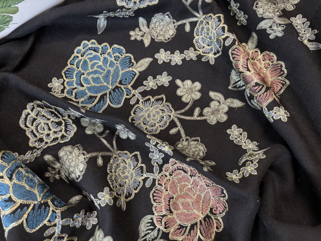 BLACK FLORAL ZARI BORDER 100% FINE WOOL STOLE - 219