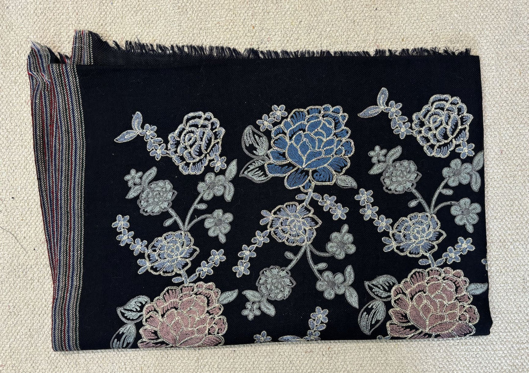 BLACK FLORAL ZARI BORDER 100% FINE WOOL STOLE - 219