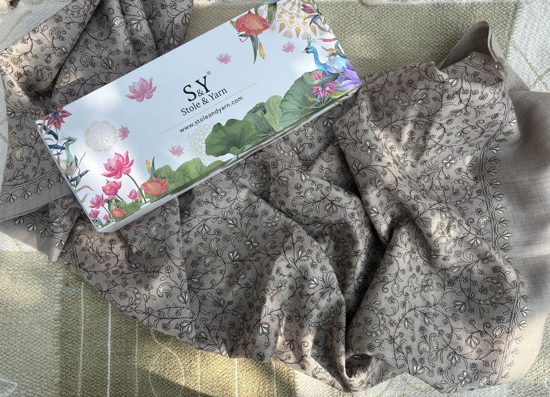 Him/Her Light Grey Zari Florals 100% Fine Wool Stole - 232