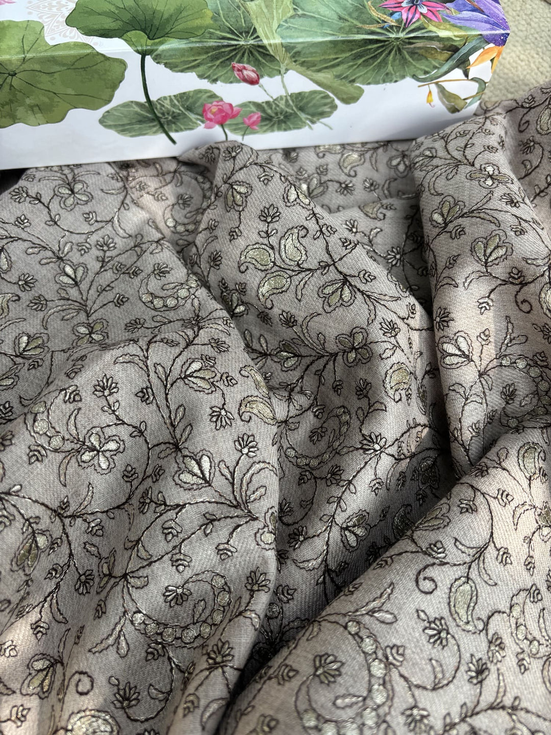 Him/Her Light Grey Zari Florals 100% Fine Wool Stole - 232