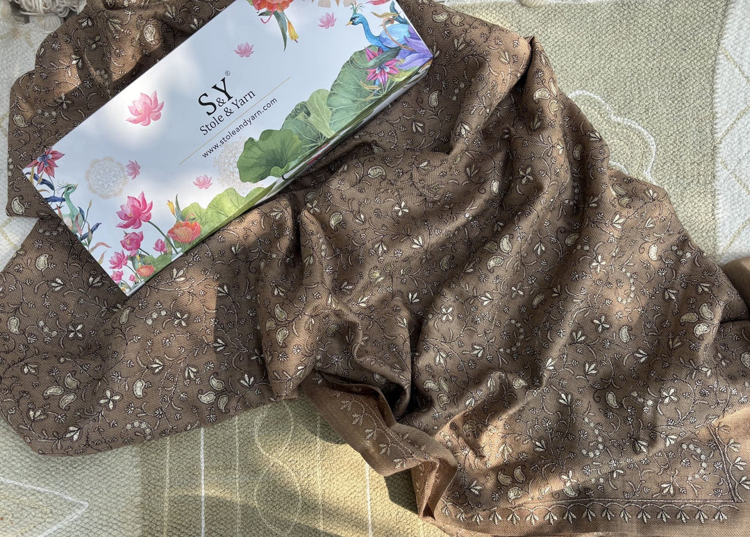 Brown Zari Florals 100% Fine Wool Stole - 233