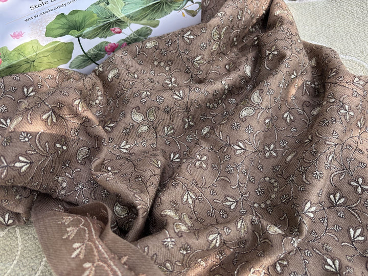 Brown Zari Florals 100% Fine Wool Stole - 233