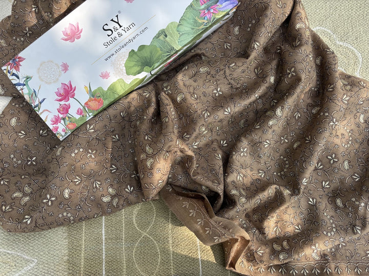 Brown Zari Florals 100% Fine Wool Stole - 233