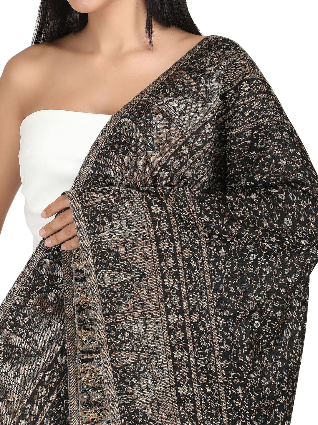 Him/Her Floral Acrylic Wool Stole (small motif) - 238- Black