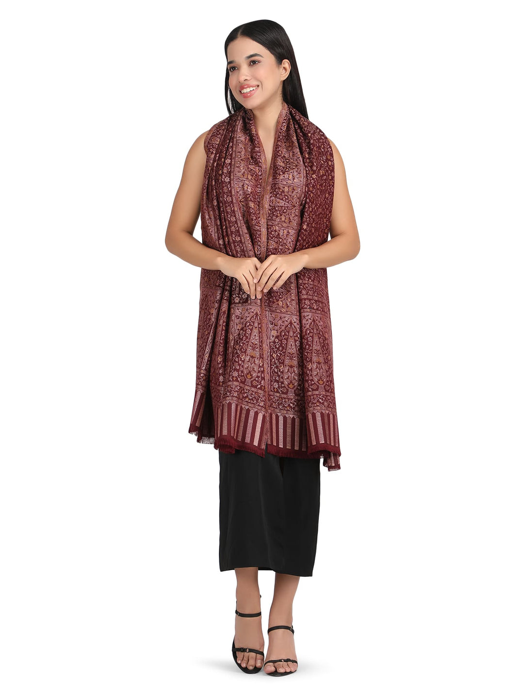 Him/Her Floral Acrylic Wool Stole (small motif) - 239 - Maroon