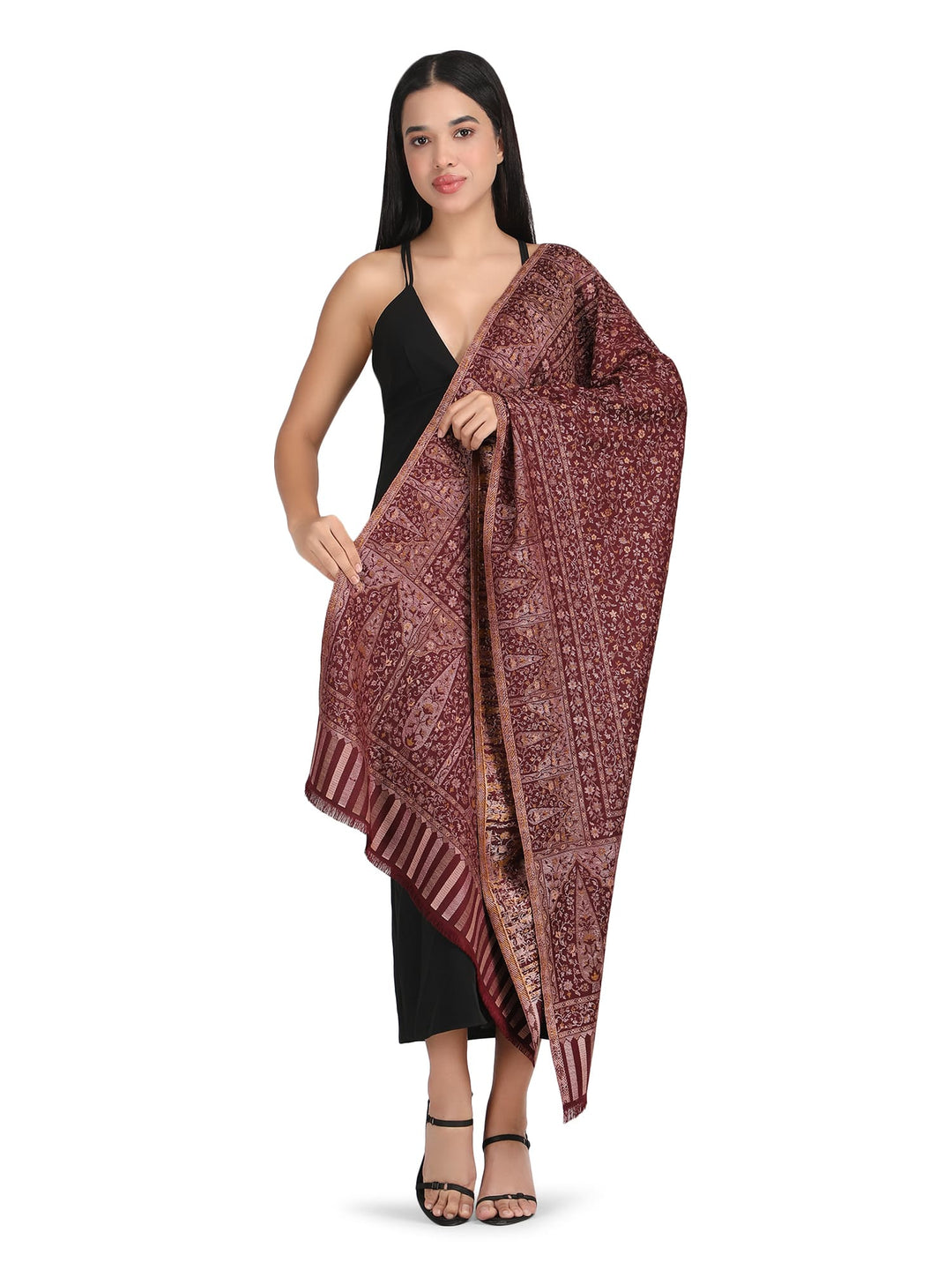 Him/Her Floral Acrylic Wool Stole (small motif) - 239 - Maroon