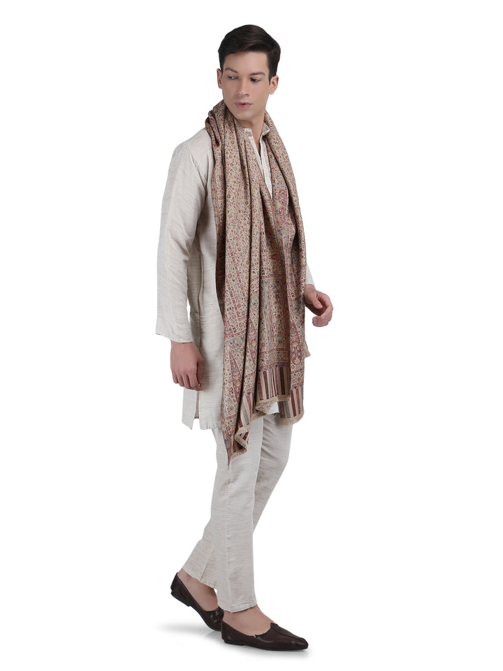 Him/Her Floral Acrylic Wool Stole (small motif) - 240 Beige