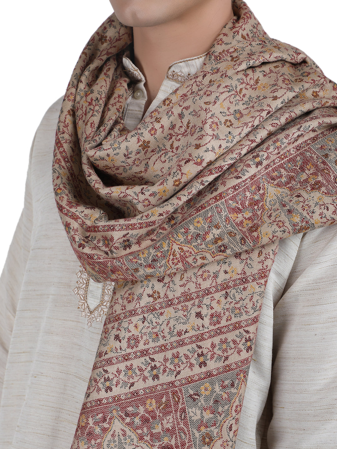 Him/Her Floral Acrylic Wool Stole (small motif) - 240 Beige