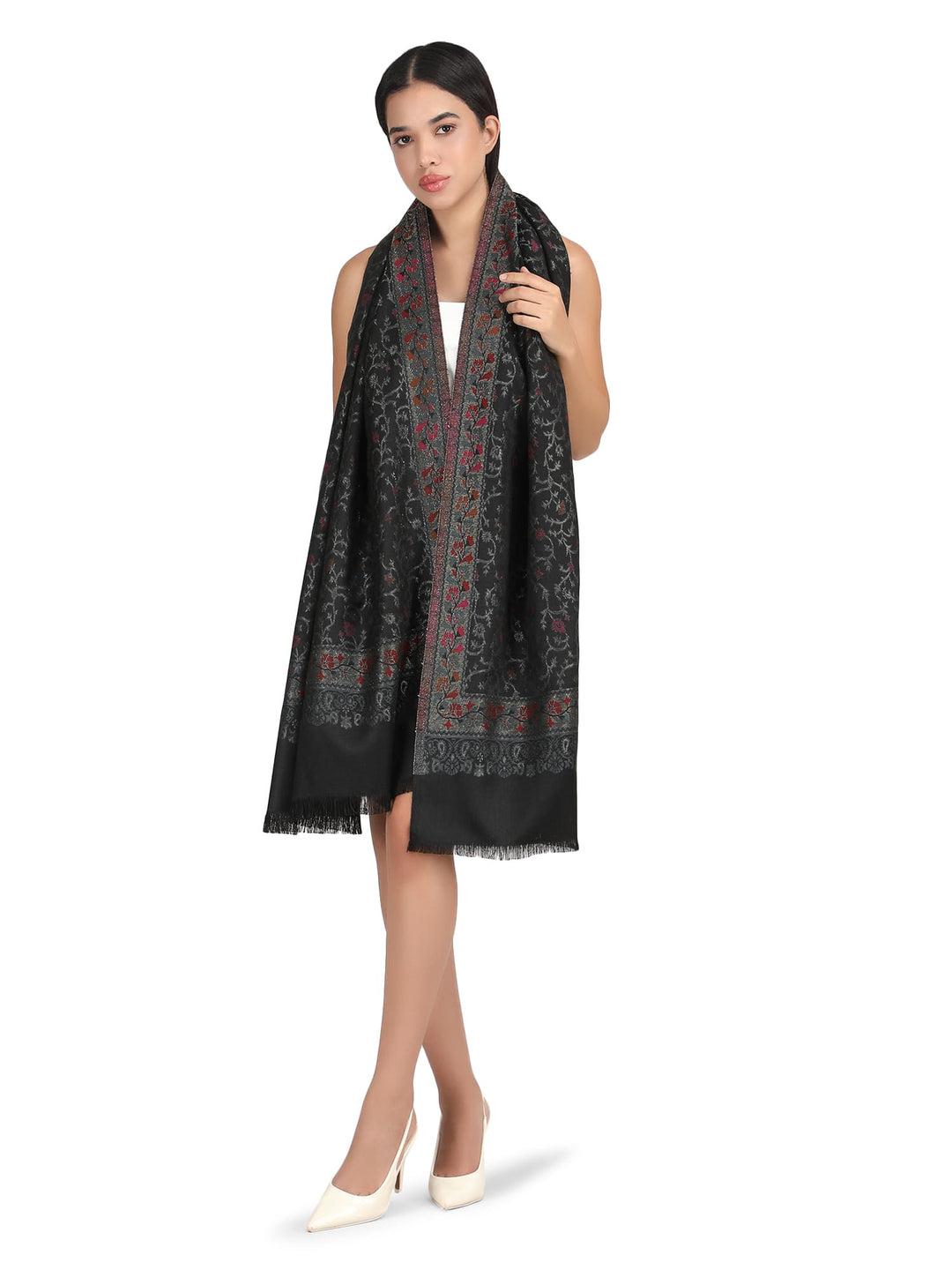 Him/Her Zari Jaali Acrylic Wool Stole- 243 - Black