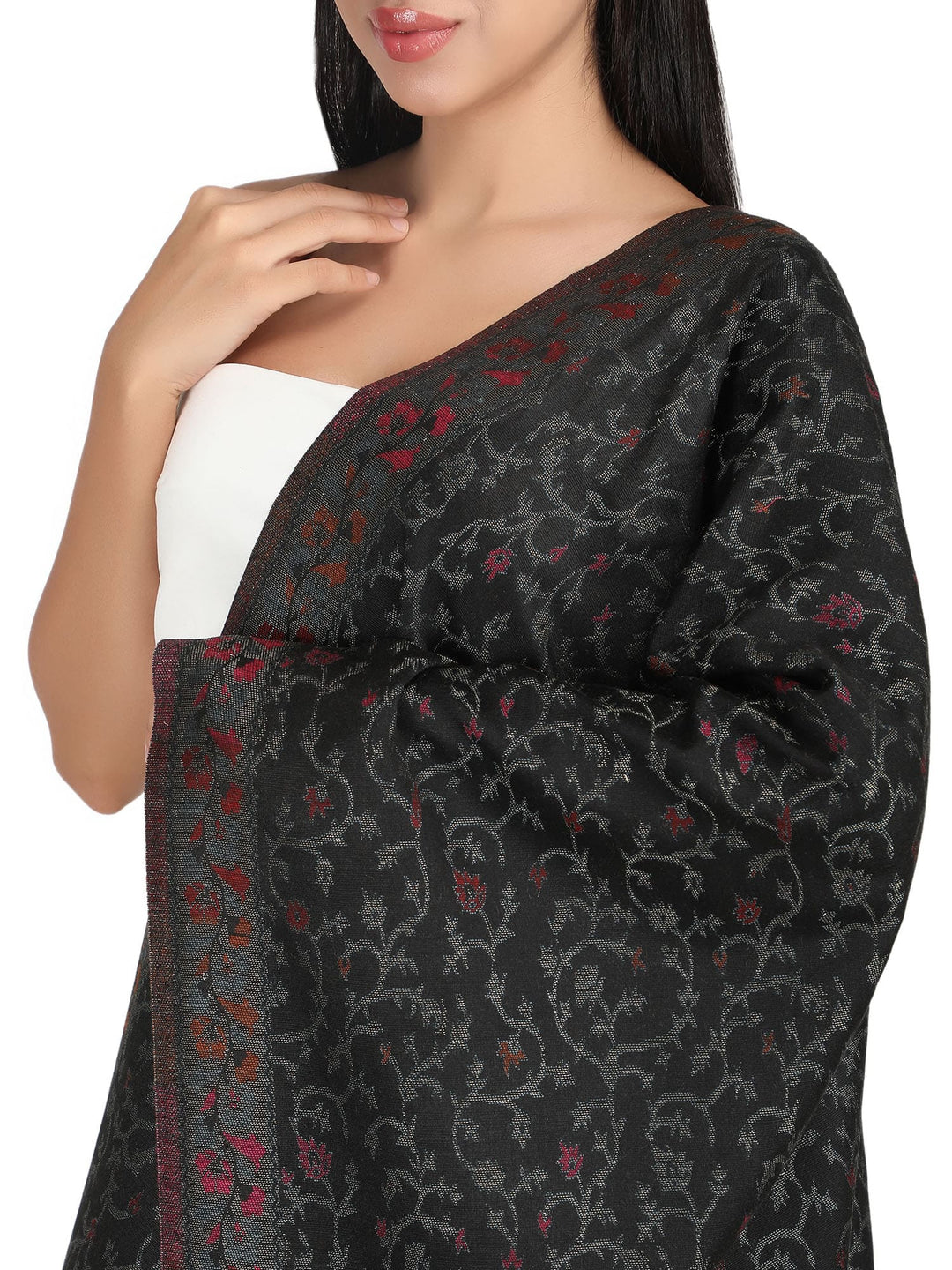 Him/Her Zari Jaali Acrylic Wool Stole- 243 - Black