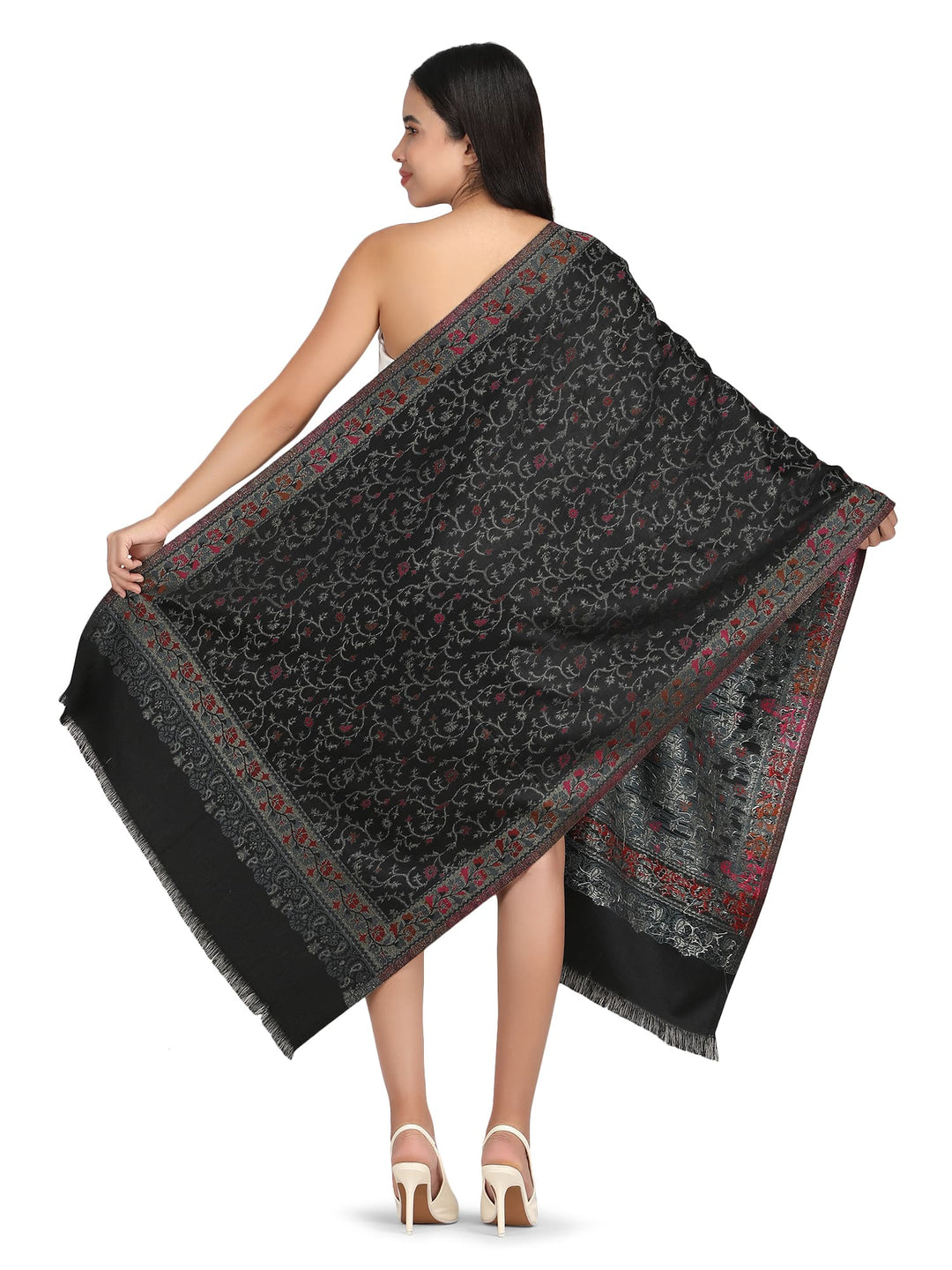 Him/Her Zari Jaali Acrylic Wool Stole- 243 - Black