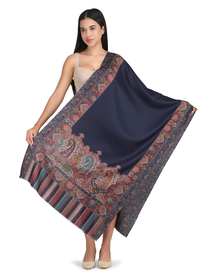 Him/Her Mughal Paisley Reversible Acrylic Wool Stole - 250 - Navy Blue