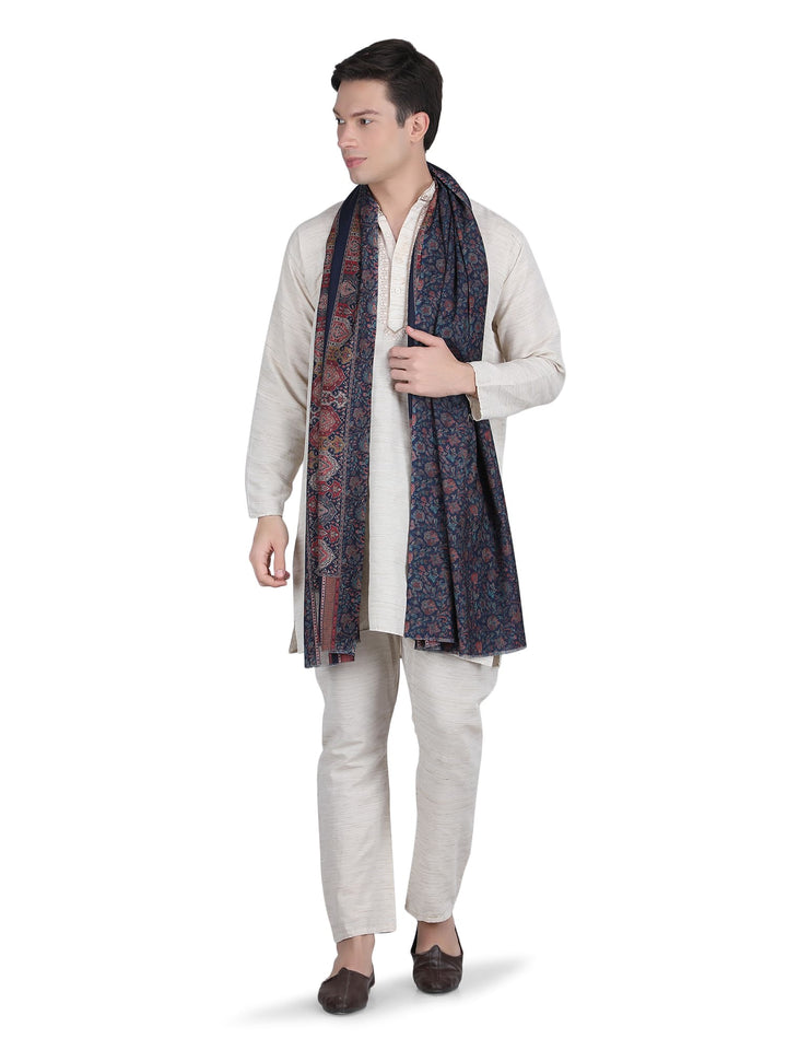 Him/Her Mughal Paisley Reversible Acrylic Wool Stole - 250 - Navy Blue