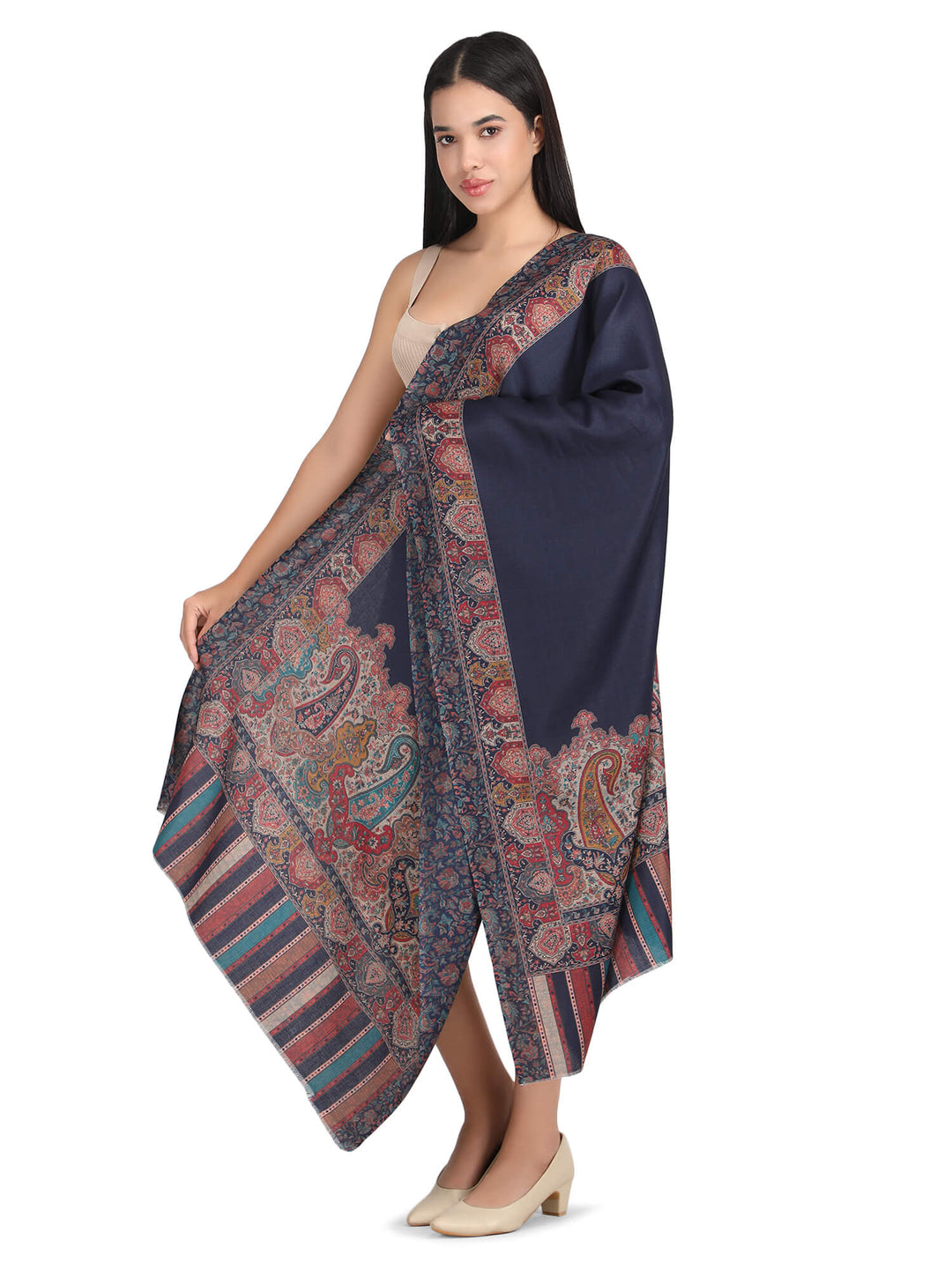 Him/Her Mughal Paisley Reversible Acrylic Wool Stole - 250 - Navy Blue