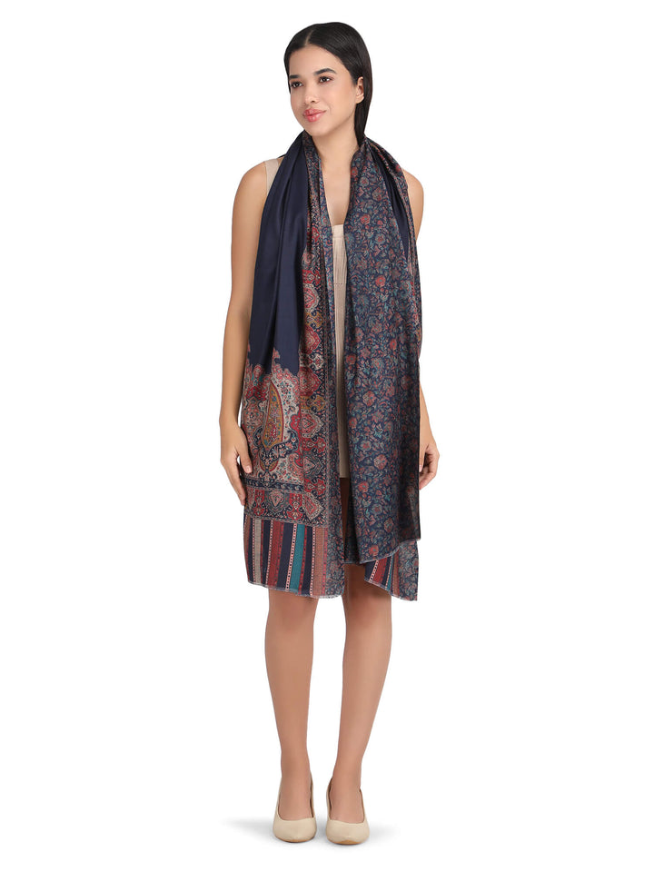 Him/Her Mughal Paisley Reversible Acrylic Wool Stole - 250 - Navy Blue