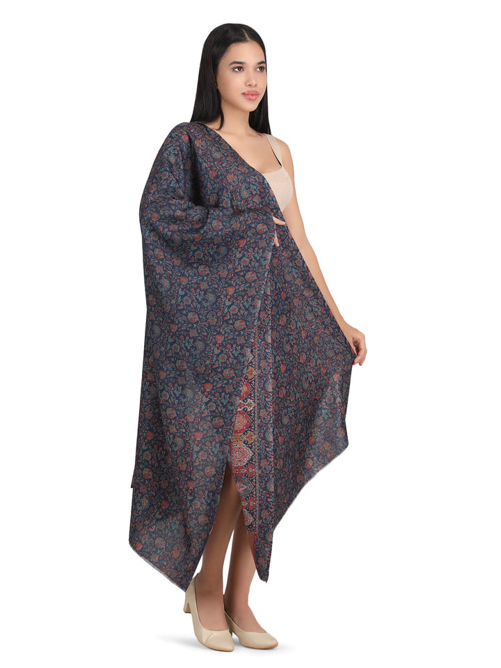 Him/Her Mughal Paisley Reversible Acrylic Wool Stole - 250 - Navy Blue