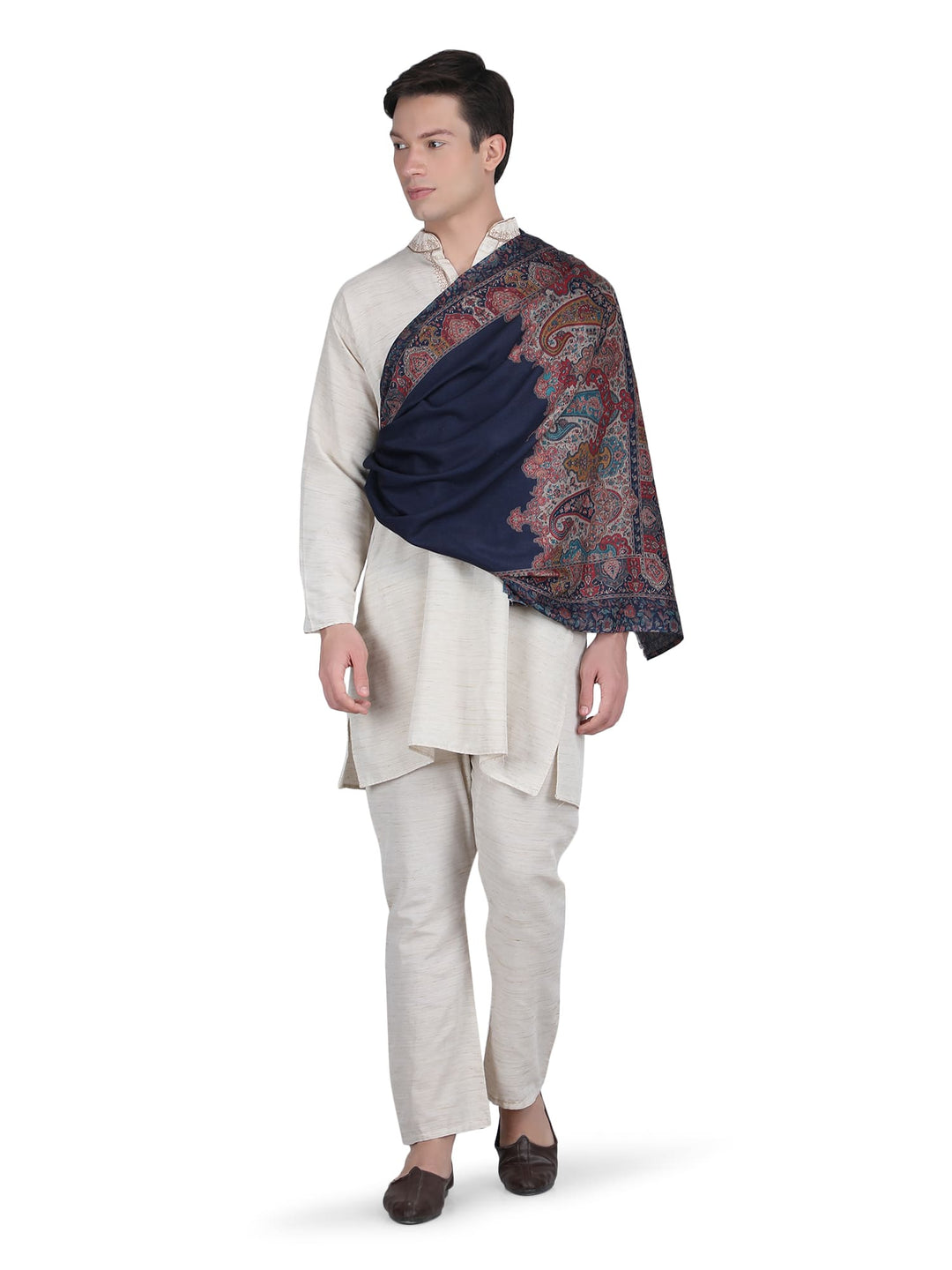 Him/Her Mughal Paisley Reversible Acrylic Wool Stole - 250 - Navy Blue