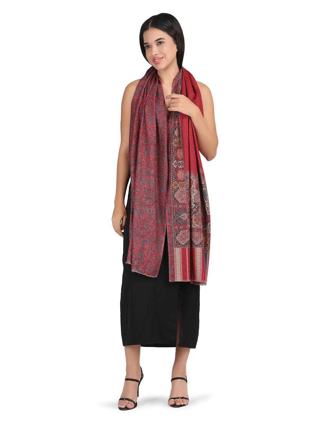 Him/Her Mughal Paisley Reversible Acrylic Wool Stole - 252 - Red