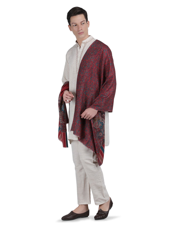 Him/Her Mughal Paisley Reversible Acrylic Wool Stole - 252 - Red