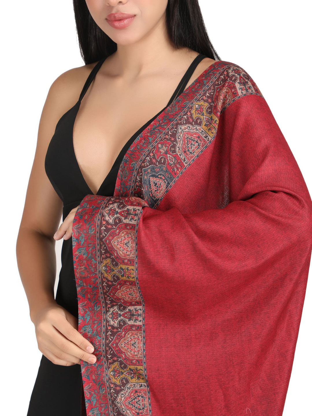 Him/Her Mughal Paisley Reversible Acrylic Wool Stole - 252 - Red