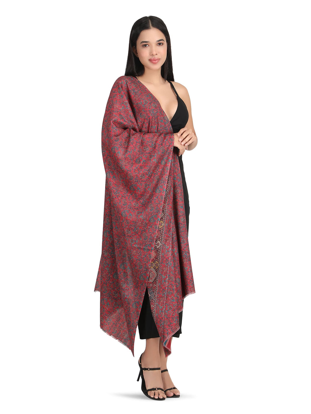 Him/Her Mughal Paisley Reversible Acrylic Wool Stole - 252 - Red