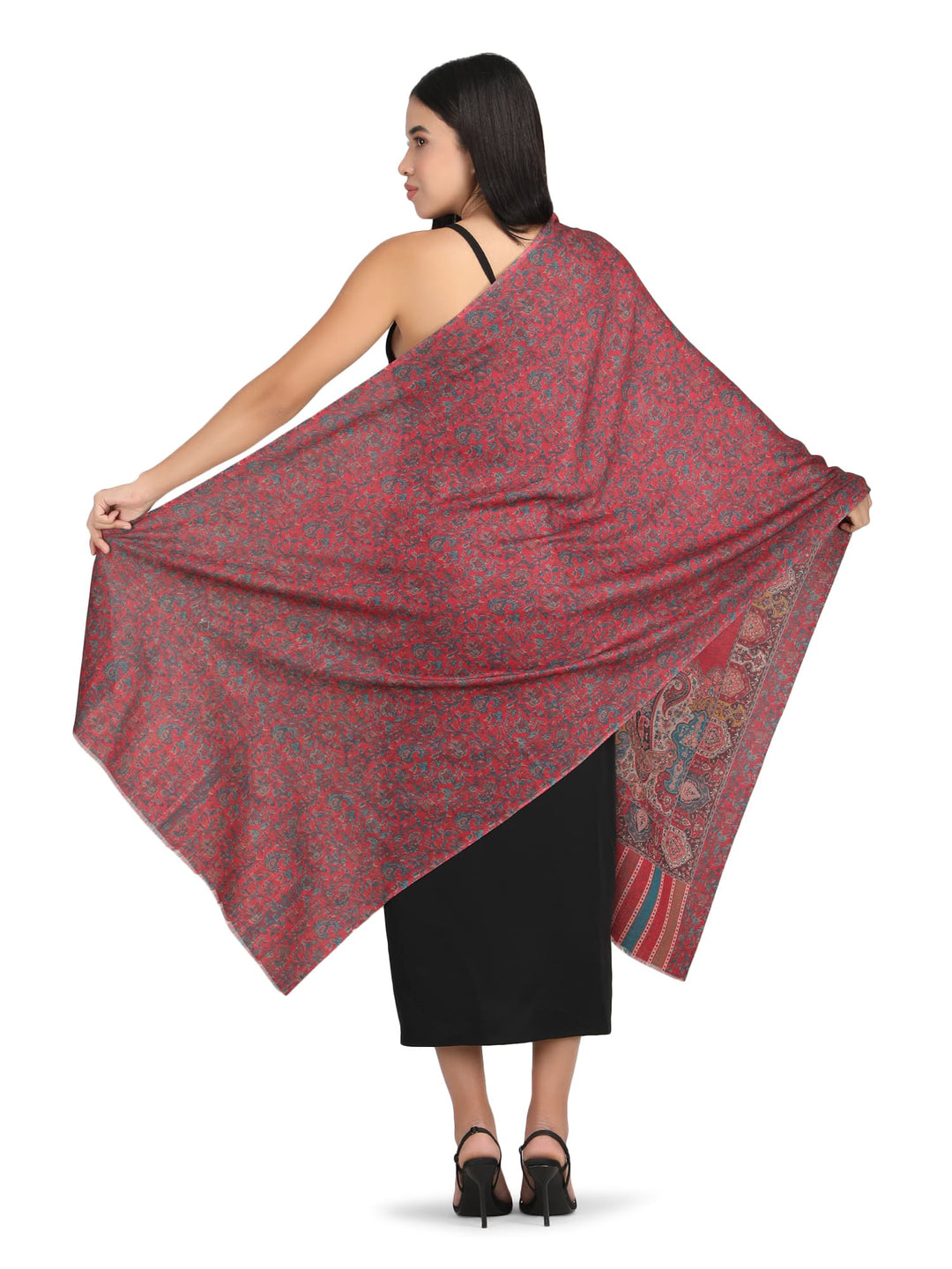 Him/Her Mughal Paisley Reversible Acrylic Wool Stole - 252 - Red