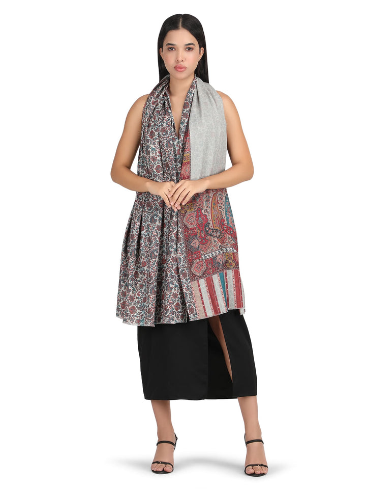 Him/Her Mughal Paisley Reversible Acrylic Wool Stole - 253 - Cream