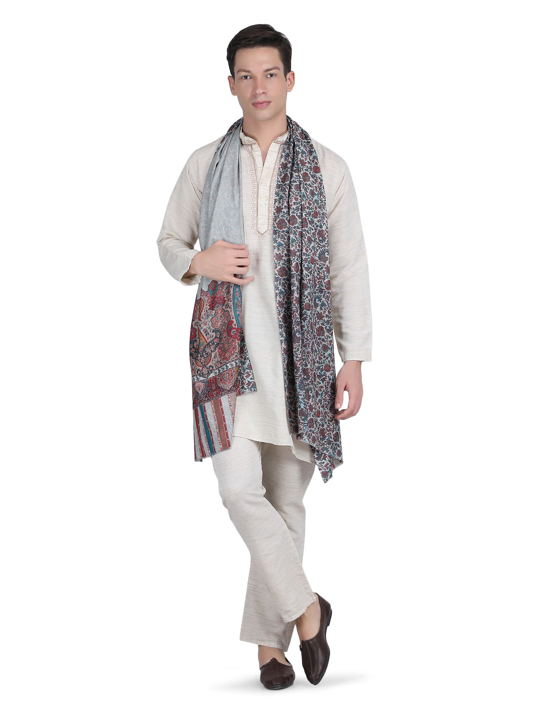 Him/Her Mughal Paisley Reversible Acrylic Wool Stole - 253 - Cream