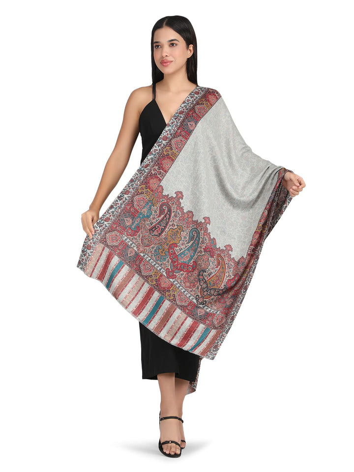 Him/Her Mughal Paisley Reversible Acrylic Wool Stole - 253 - Cream