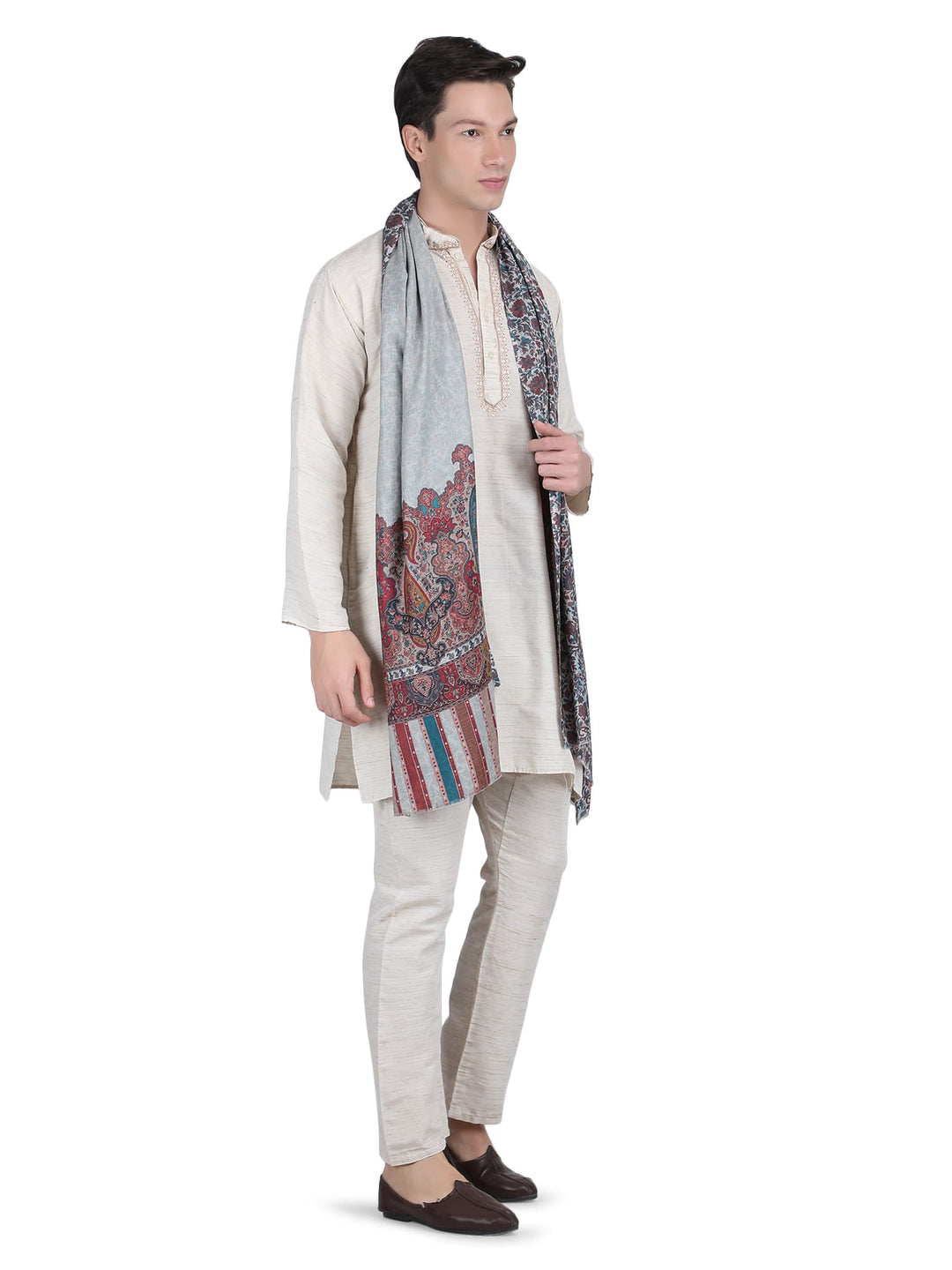 Him/Her Mughal Paisley Reversible Acrylic Wool Stole - 253 - Cream