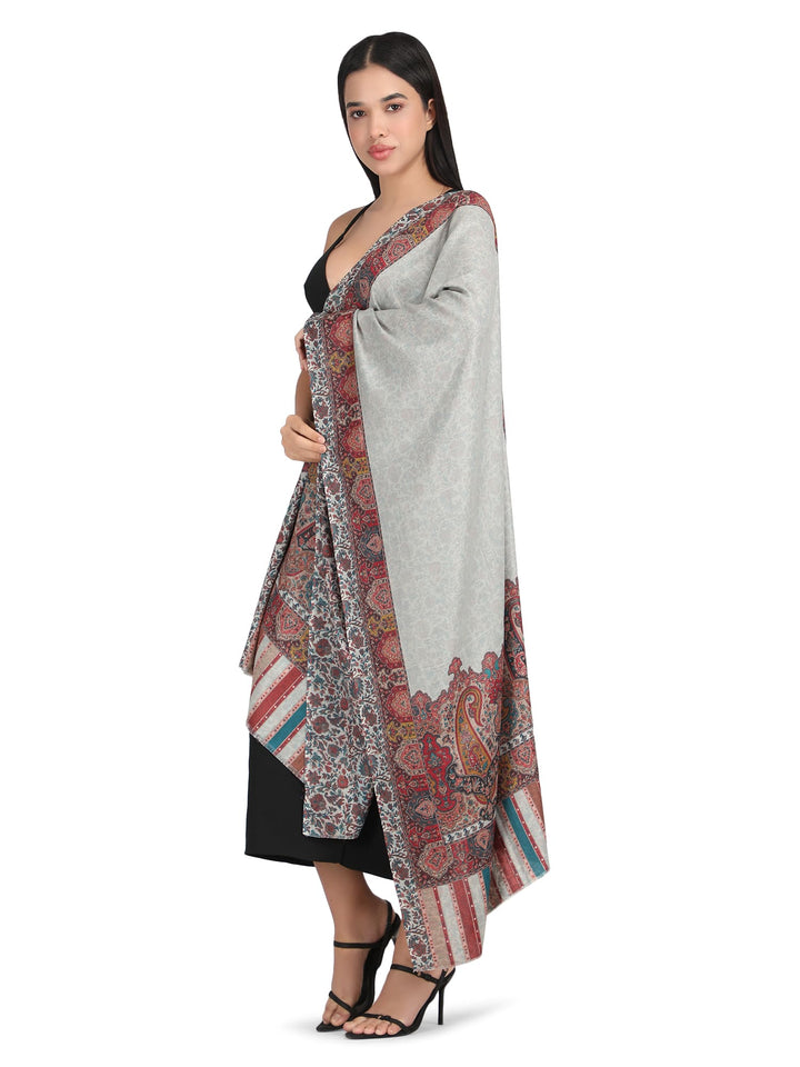 Him/Her Mughal Paisley Reversible Acrylic Wool Stole - 253 - Cream