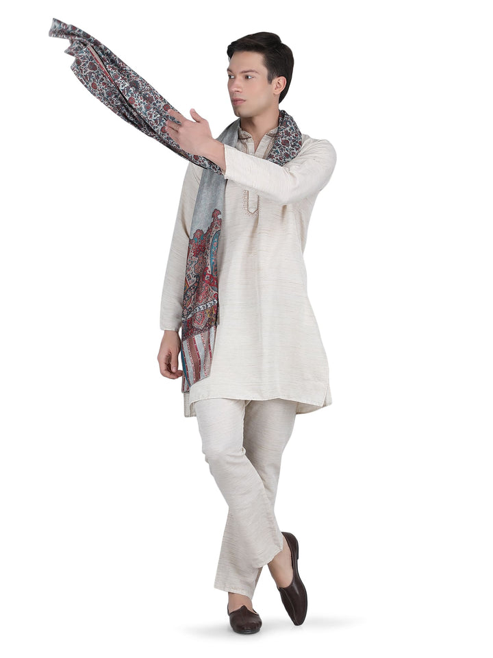 Him/Her Mughal Paisley Reversible Acrylic Wool Stole - 253 - Cream